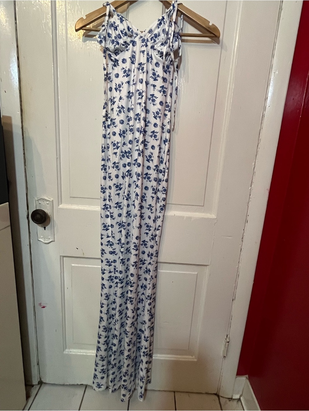 White & Blue Floral Maxi Dress with Tie Straps